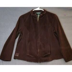 Lauren Ralph Lauren‎ Womens Sz SP Dark Brown Faux Suede Equestrian Zip Up Jacket